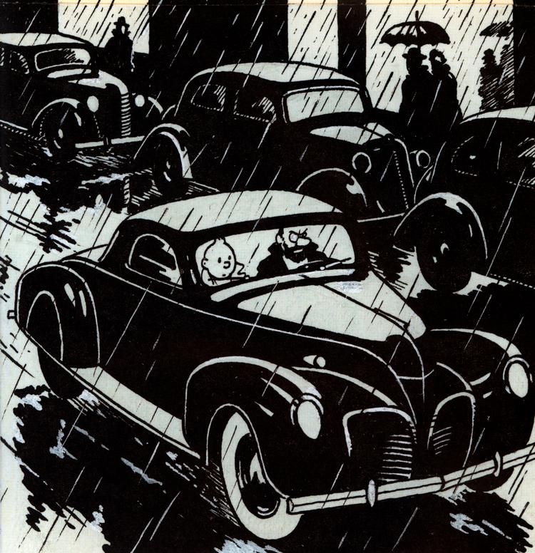 En rude fra 'De 7 krystalkugler' trykt i Le Soir 16. februar 1944. Under Anden Verdenskrig kørte Tintin-føljetonen i dagbladet, som tyskerne kontrollerede. Hergé blev derfor brændemærket som nazisympatisør - til sin egen store fortrydelse . Illustration fra bogen 