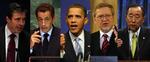 Der er glæde fra hele det internationale samfund over, at Afghanistan skal ud i en ny valgrunde 7. november. På billedet ses NATO's generalsekretær, Anders Fogh Rasmussen, Frankrigs præsident, Nicolas Sarkozy, USA's præsident, Barack Obama, Danmarks udenrigsminister, Per Stig Møller, og FN's generalsekretær, Ban Ki-moon. Fotos: AP 