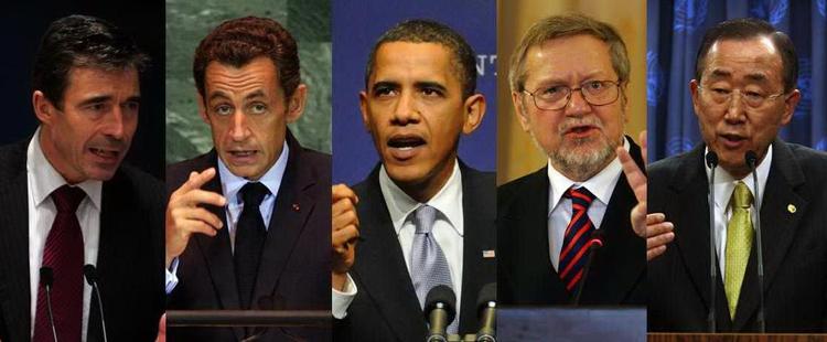 Der er glæde fra hele det internationale samfund over, at Afghanistan skal ud i en ny valgrunde 7. november. På billedet ses NATO's generalsekretær, Anders Fogh Rasmussen, Frankrigs præsident, Nicolas Sarkozy, USA's præsident, Barack Obama, Danmarks udenrigsminister, Per Stig Møller, og FN's generalsekretær, Ban Ki-moon. Fotos: AP 