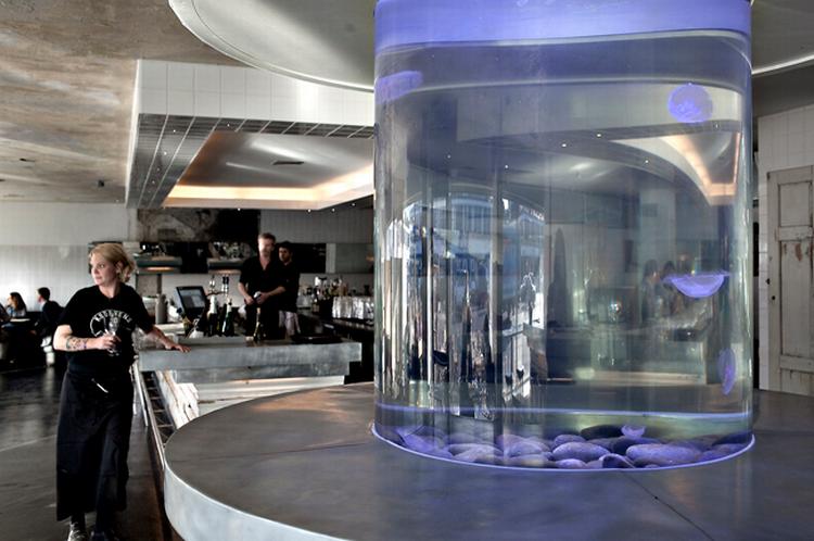 På Fiskebaren er baren, med en ensom vandmand i et stort akvarium, centralt placeret. Her bliver fisk, som danskerne ellers er ret dårlige til, taget alvorligt. 