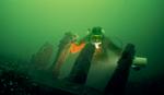 Modangreb.  Vikingeskibsmuseet og Nationalmuseet har sendt dykkere ned på bunden af Østersøen for at finde ud af, hvordan skibsvragene kan sikres mod angreb fra pæleormene.  Foto og illustration: Vikingeskibsmuseet og Nationalmuseet 