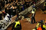 OPTØJER. Politiet brugte hunde for at kontrollere en gruppe af Manchester Uniteds fans under pokalkampen mod Barnsley. 