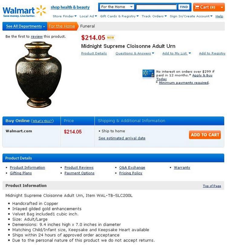 Nethandel. Lidt over 1.000 kroner koster den urne i bronze - men så er den også håndlavet, fortæller Wal-Marts hjemmeside. 