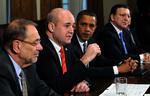 Præsident Barack Obama sammen med  Javier Solana (tv.), den svenske statsminister Fredrik Reinfeldt og EU's kommisionsformand Jose Manuel Barroso. 
