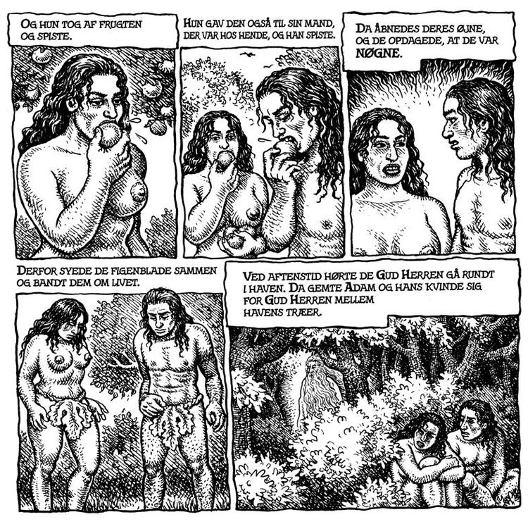 Figenblad. Adam og Eva i de berømte kostumer med det lige så berømte æble. Illustration: Robert Crumb 