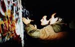 Sarkozy påstår på Facebook, at  han huggede løs på Muren med sin isøkse i Østberlin. Problemer er, at graffiti kun fandtes på den vestberlinske side. 