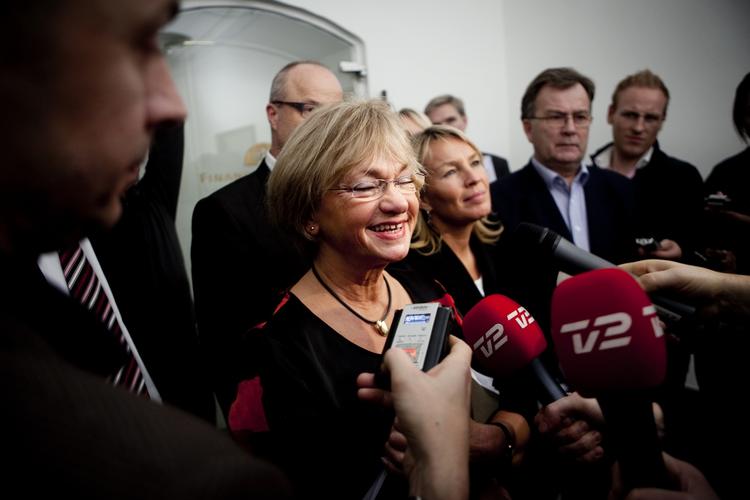Danish People's Party Leader Pia Kjærsgaard after agreement was reached on the budget during the night. 