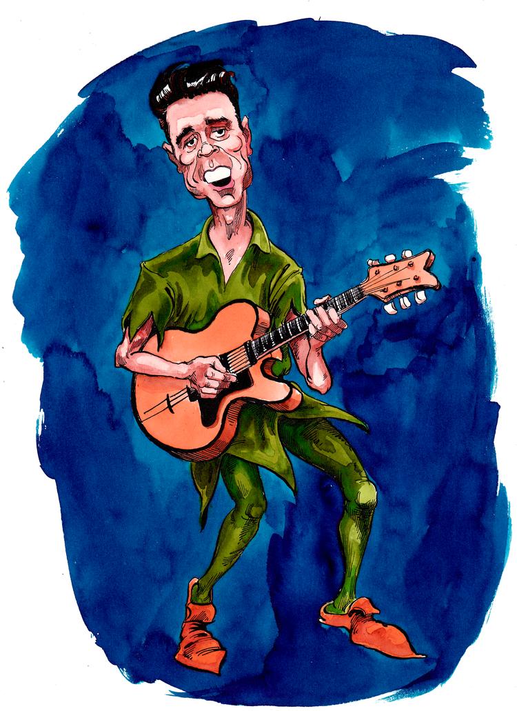 Cliffhanger. Cliff Richard blev i løbet af 80'erne udråbt som 'popmusikkens Peter Pan' og fik kun hits med pladdersentimentale julesange. Resten af hans produktion var glemt. Tegning: Roald Als 