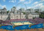 OL-konkurrencerne i volleyball skal spilels i haven i Downing Street. Computergrafik: London 2012/AP 