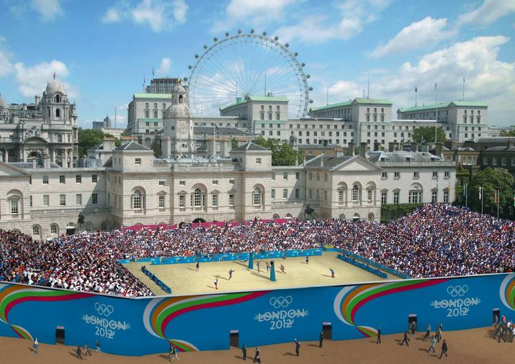 OL-konkurrencerne i volleyball skal spilels i haven i Downing Street. Computergrafik: London 2012/AP 