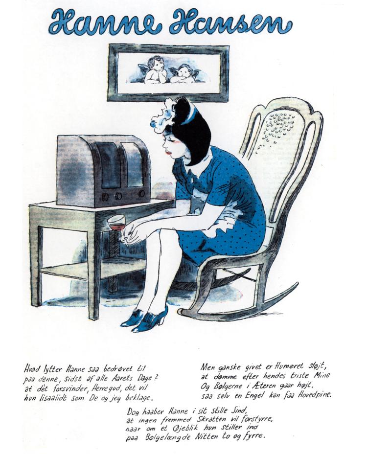 nytår. Det er en af de sidste dag i 1941, den ugentlige stribe viger for en helsidestegning af husassistenten med øret i radioen. Danmark er besat og humøret derfor ikke alt for godt.  Illustration fra bogen:  Arne Ungermann 