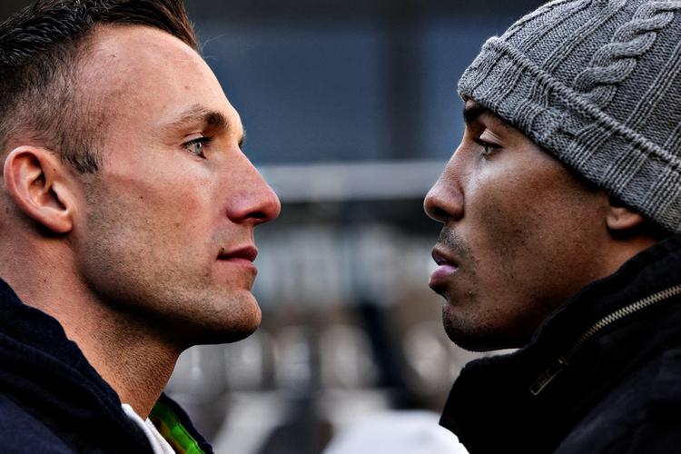 kampklar. Mikkel Kessler og Andre Ward ser hinanden an under et pressemøde i Oakland i går. 
