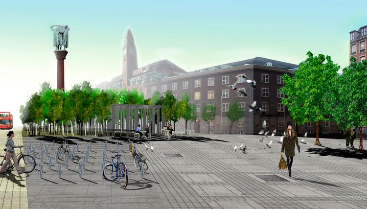 Et kig fra Vester Voldgade mod Palace Hotel, der viser pladsen, som er tænkt som et roligt og menneskeligt pusterum mellem middelalderbyen og metropolzonen. Illustration: Hackett Hall McKnight 