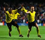 afgørende. Barcelonas Andres Iniesta (th) har netop scoret det mål, der i overtiden sikrede klubben adgang til Champions League-finalen på bekostning af Chelsea. Arkivfoto. 