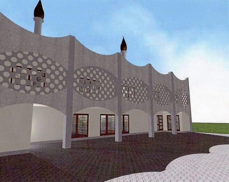 Nybyggeri. Sådan skal facaden på den nye moske i Roskilde se ud. Det flade tagfår kuppel og minareter. Foto med tilladelse fra Roskilde Kulturforening. 