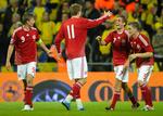 Vm-klar. Tomasson, Bendtner, Poulsen og Jakobsen jubler efter det vigtige 1-0-mål mod Sverige i Parken 10. oktober, hvor Danmark sikrede sig VM-deltagelse. 