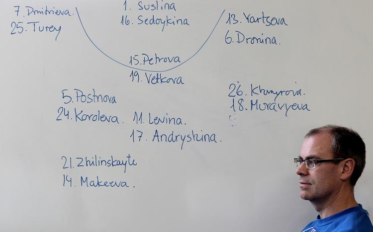 Taktikmøde. Landstræner Jan Pytlick tegner og fortæller med den russiske startopstilling på tavlen bag sig. En sejr over de tidligere russiske verdensmestre, og Danmark er i semifinalen. 