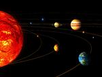 Planeter. En stribe af de kendteste planeter er her linet op foran Solen (tv). Nu er der fundet en ny planet, der kredser om en anden stjerne end vores sol. Den har en diameter, der er 2,7 gange større end Jordens, som ses nederst til højre. Øverst i biledet ses Saturn og Jupiter. Tegningen gengiver ikke den rette indbyrdes størrelse på planeterne. 