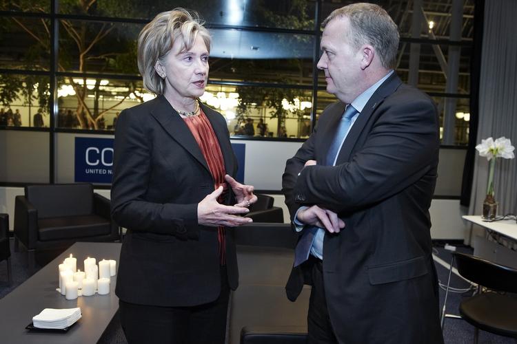 U.S. Secretary of State Hillary Clinton in conversation with Denmark's Prime Minister Lars Løkke Rasmussen. 