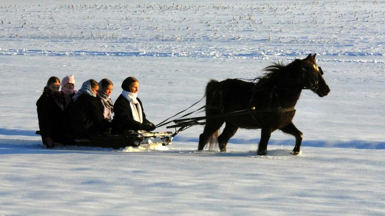 Trafikomlægning Amish-piger nyder sneen på en improviseret slæde i Pensylvania, USA. 