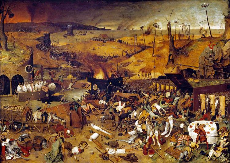 Gru. Pieter Brueghel den Ældre har med 'Dødens triumf' (1552) skildret gruopvækkende begivenheder og epidemier som pesten. Værket hænger på  Prado museet i Madrid. 