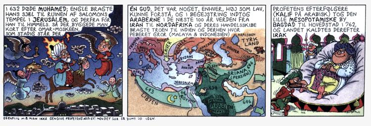 Vittigviden. Claus Deleuran døde i 1996 og fik derfor ikke mulighed for afslutte sit mesterværk om danernes (og verdens) historie.  Ruder fra 'Illustreret Danmarkshistorie for Folket' 