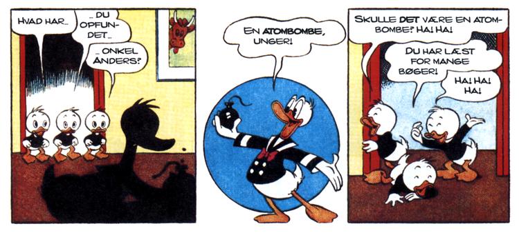 Selvmord med mere. Anders And opfinder atombomben. Tegning fra Anders And Ekstra/Forlaget Egmont 
