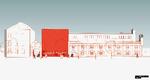 Moderna Malmø åbner i et tidligere elværk, som senest har huset en privat kunsthal. En to- etagers orange vægplade bliver museets kendetegn. Skitse: Moderna Museet. 