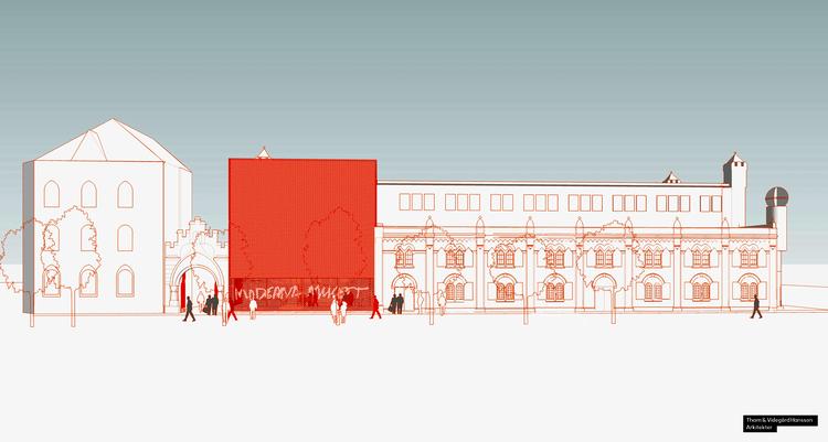 Moderna Malmø åbner i et tidligere elværk, som senest har huset en privat kunsthal. En to- etagers orange vægplade bliver museets kendetegn. Skitse: Moderna Museet. 