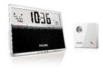 Den indbyggede temperatursensor i dette Philips vækkeur viser både indendørs- og udendørstemperaturer. 