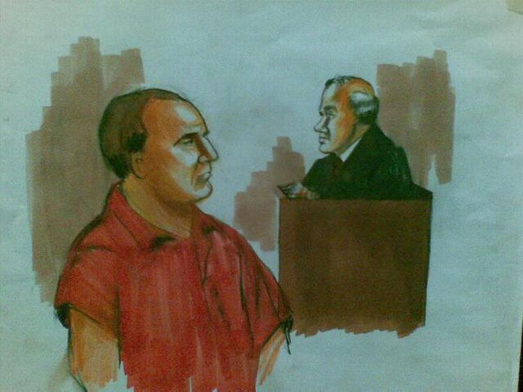 Tegning af David Headley i retten. 