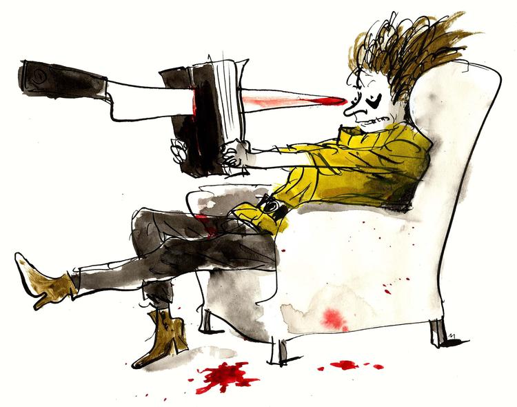 hygge. En kop kaffe og en seriemorder, tak. Tegning: Mette Dreyer. 