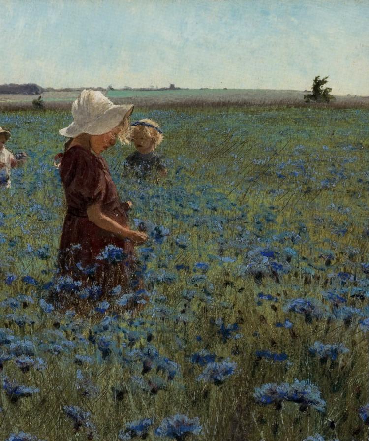KORNBLOMSTEN. L.A. Rings maleri pryder bindet. Bogen udkom  første gang i 2005, men er i den nye udgave udvidet med 20 fortællinger. Illustration: Udsnit af maleri/ Statens Museum for Kunst 