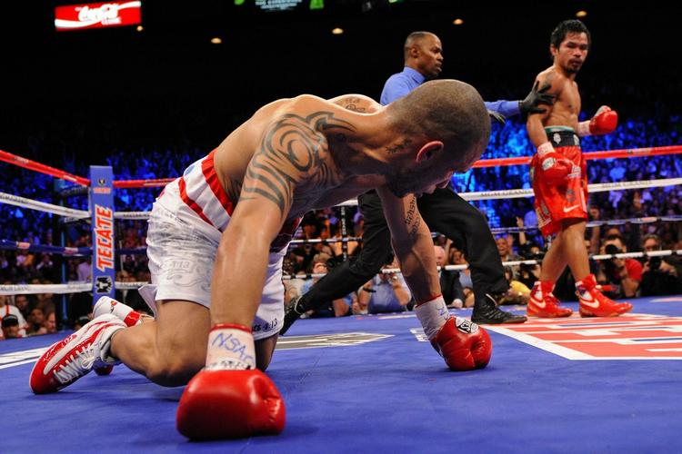 knockdown. Filippinske Manny Pacquiao har nedlagt endnu en modstander, Miguel Cotto, i kampen i november 2009. Arkivfoto. 