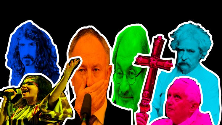 Blasfemisk. Frank Zappa, Björk, Dermot Ahern, Salman Rushdie, Mark Twain og Pave Benedict XVI er blandt de 25 personer Foreningengen for Ateister i Irland har sortlistet. 
