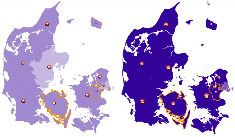 Billedet viser forskellen i liggetider fra januar 2004 (til venstre) og liggetider i december 2008 (til højre). I 2004 var liggetiden omkring 150 dage. I 2008 var den steget til omkring 250 dage i gennemsnit. 