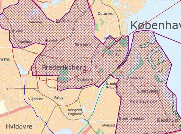 Visitation. Det er tilladt at gennemsøge borgere vilkårligt i næsten hele København. Den markerede område viser visitationszonerne. 