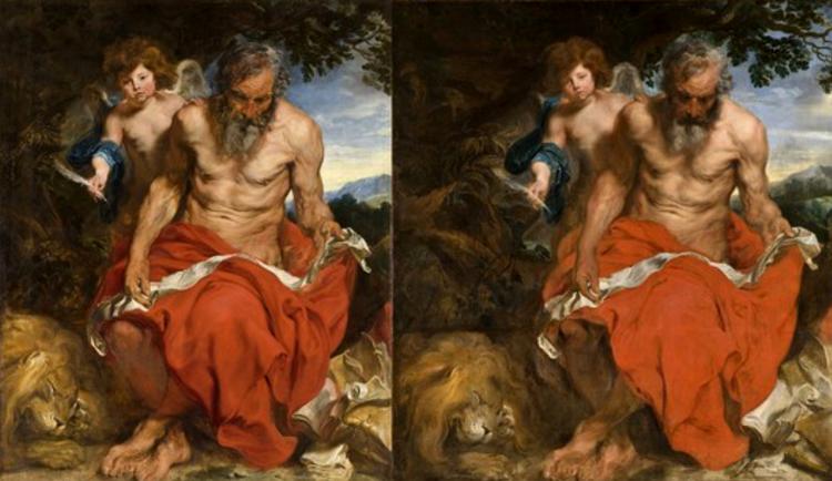 Kopi. Det svenskejede van Dyck (th.), som blev bragt til Stockholm af kong Adolf Frederik i 1700-tallet, har i århundreder haft status af original. Men det hollandskejede værk (tv.), som angiveligt tidligere var ejet af Rubens, viste sig ved nærmere undersøgelse at indeholde nogle ganske interessante spor.  Foto: Anthony van Dyck, St. Jerome with an Angel, 1618-1621, canvas, 168,3 x 134,7 cm. Rotterdam, Museum Boijmans Van Beuningen loan from the Willem Van der Vorm Foundation &amp; Anthony van Dyck, St. Jerome with an Angel, 1618-1621, canvas, 167 x 153,5 cm. Stockholm, Nationalmuseum 