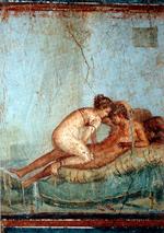 Erotik. Erotisk kunst går langt tilbage i tiden. Her ses en fresko fra Casa del Centenario i Pompeii fra 1. århundrede e. Kr. 