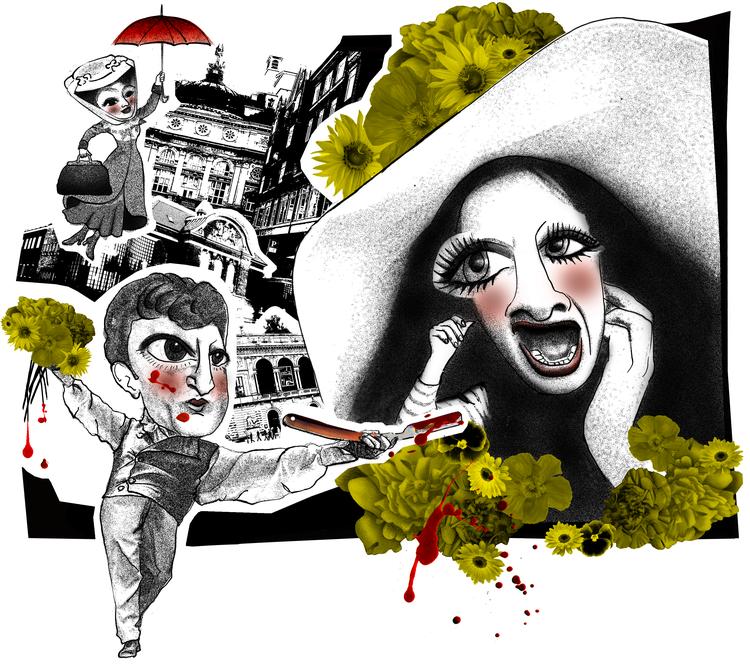 Blomsterpigen Eliza, den blodtørstige barber Sweeney og Mary med paraplyen. Musicals har stadig meget at byde på- mener tre stjerneinstruktører. Illustration: Mai-Britt Bernt Jensen 