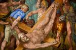 Fastlagt. Det oprindelige motiv gik ikke i modreformationens Italien, og en anden kunstner blev sat til at korrigere motivet ved at dække Sankt Peters blottede køn og sømme ham fast. Foto: Osservatore Romano/AP 