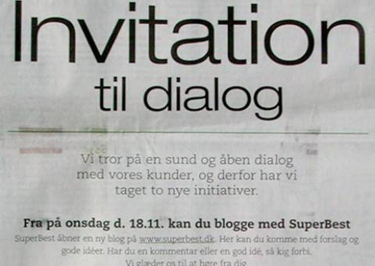 Med denne annonce bedyrede SuperBest i november, at de ville åbne en blog. Nu er den lukket igen. 