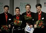 hædret. Titlen som juniorverdensmestre gav en 9.-plads i kåringen som Årets Fund til curlingspillerne (fra venstre) Troels Harry, Oliver Dupont, Mikkel Krause og Rasmus Stjerne Hansen. Arkivfoto. 