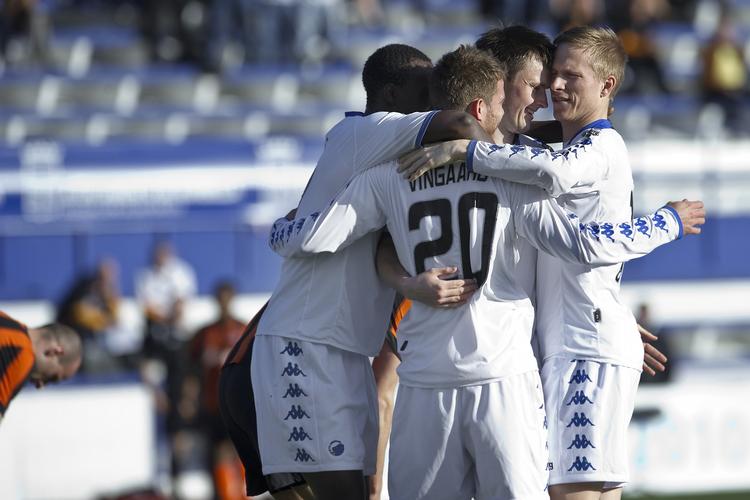 Succes. Det går godt for FCK-spillerne, der her ses juble forleden da efter scoring mod Shakhtar Donetsk. 