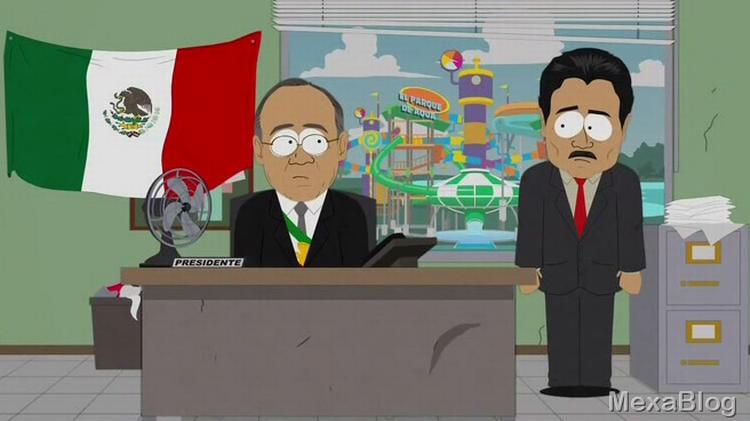 South Park i Mexico. Felipe Calderon-lignende præsident bag skrivebordet. 