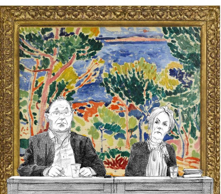 Tiltalte. De dømte afbildet foran Derain-maleriet i Roald Als' streg. 