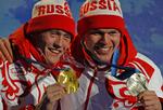 To.  Nikita Kriukov og Alexander Panzhinskijs gjorde noget for den russiske medaljestatistik i  onsdagens langrendsspring. 