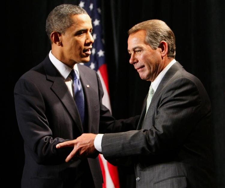 Obstruktion. Den republikanske leder af Repræsentanternes Hus John Boehner til højre på billedet stikker nu kæppen i hjulet for præsident Obamas sundhedsreform. 
