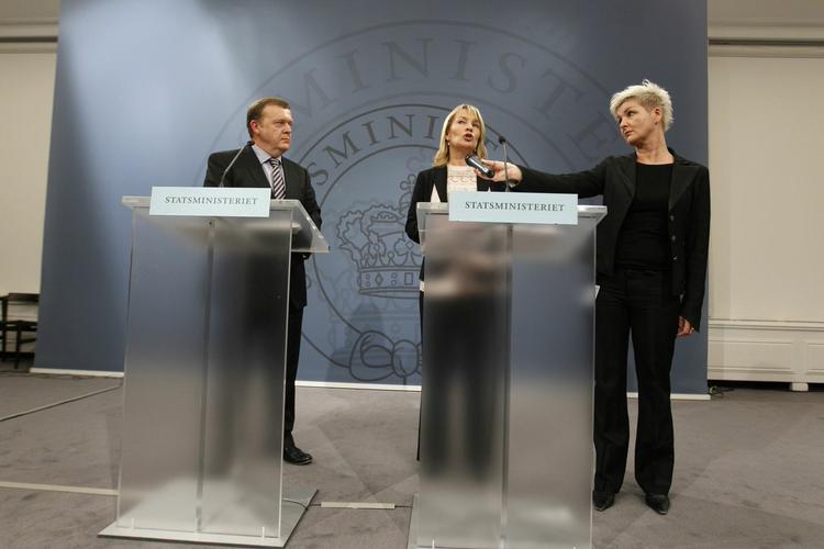 Prime Minister Lars Løkke Rasmussen (Lib) and Deputy Prime Minister &amp; Foreign Minister Lene Espersen (Cons) presenting the government's new platform. 