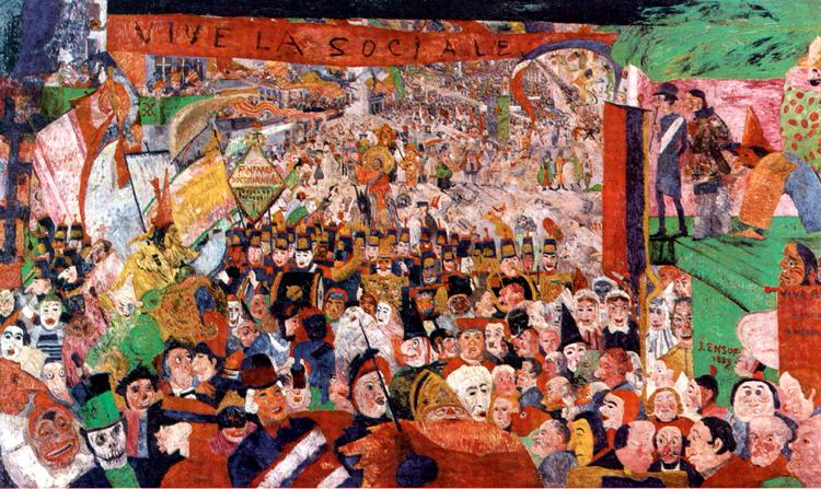 Hovedværk. James Ensors hovedværk 'Kristus' indtog i Bruxelles i 1888' anses også for at være hans mest kontroversielle. I 1800-tallet var det uhørt at afbilde Kristus uden for en  kristelig eller bibelsk sammenhæng, og det blev kun værre af, at den ukristelige Ensor havde fyldt sit store maleri med portrætter af samtidige belgiske politikere, historiske personer og medlemmer af sin egen familie. Maleriet er købt af Paul Getty Museet i Malibu, USA. 